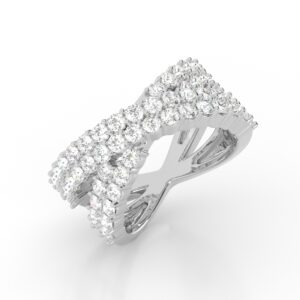 Diamond-encrusted white gold crossover ring