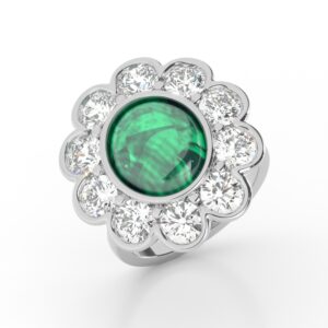 Green gemstone ring with diamond petals.